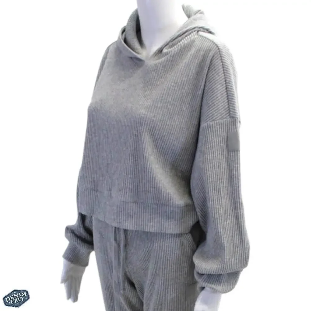 Alo Yoga Muse Hoodie Gray Cropped Ribbed Athleisure Pullover Sweatshirt Gym - Picture 7 of 15